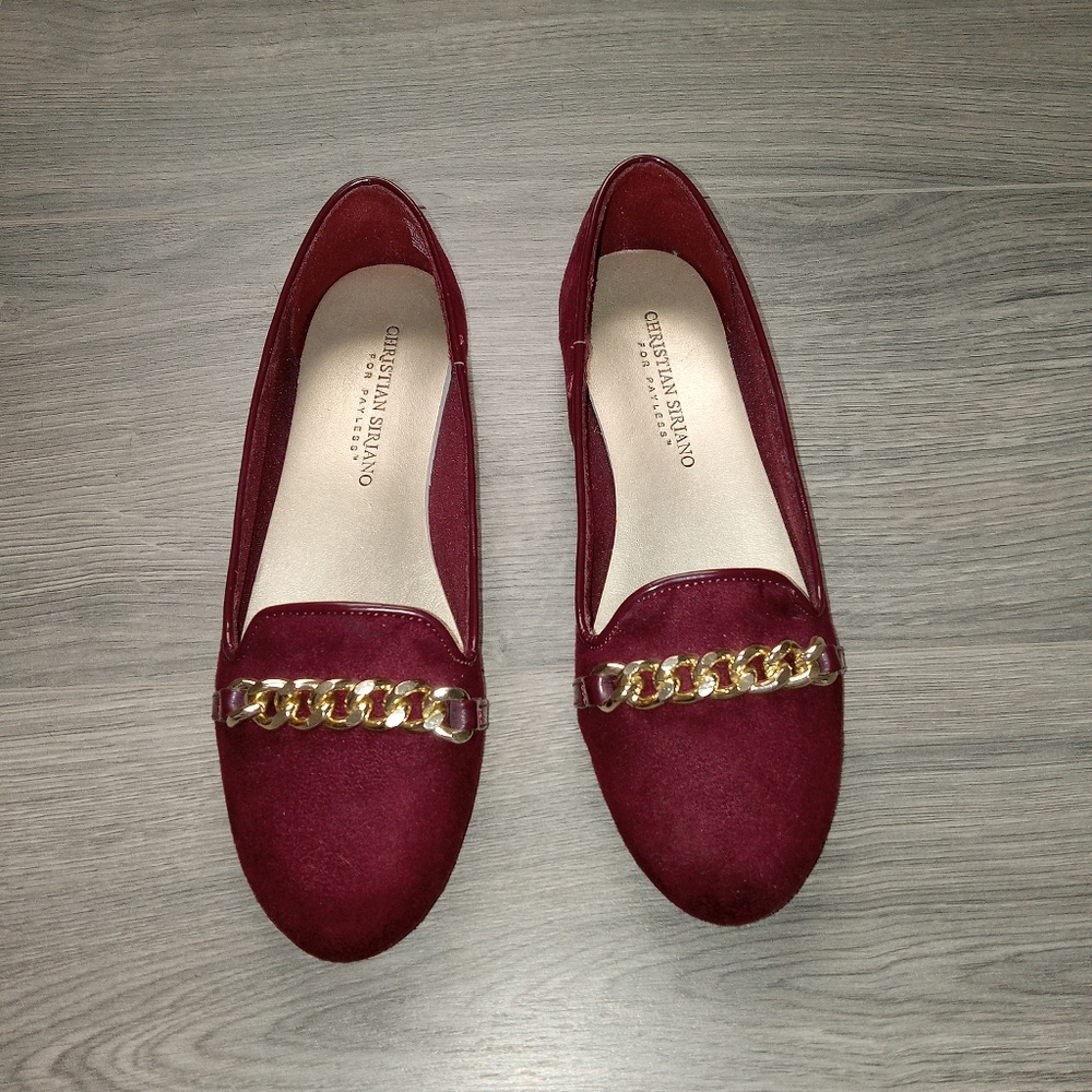 Christian Siriano Merlot Red Suede Flats With Gold Chain Strap, Size 6, EUC